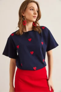 Olalook Women's Navy Blue Heart Embroidered Cotton Regular Fit T-Shirt - Image 3
