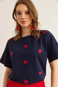 Olalook Women's Navy Blue Heart Embroidered Cotton Regular Fit T-Shirt - Image 4
