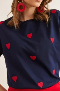 Olalook Women's Navy Blue Heart Embroidered Cotton Regular Fit T-Shirt - Image 5