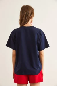 Olalook Women's Navy Blue Heart Embroidered Cotton Regular Fit T-Shirt - Image 6