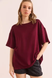 Olalook Women's Burgundy Crew Neck Oversize Soft Textured T-Shirt