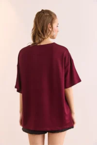 Olalook Women's Burgundy Crew Neck Oversize Soft Textured T-Shirt - Image 2
