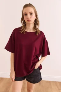 Olalook Women's Burgundy Crew Neck Oversize Soft Textured T-Shirt - Image 3