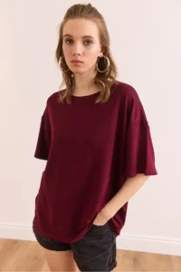 Olalook Women's Burgundy Crew Neck Oversize Soft Textured T-Shirt - Image 4