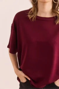Olalook Women's Burgundy Crew Neck Oversize Soft Textured T-Shirt - Image 5
