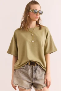 Olalook Women's Khaki Crew Neck Oversize Soft Textured T-Shirt