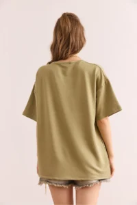 Olalook Women's Khaki Crew Neck Oversize Soft Textured T-Shirt - Image 2
