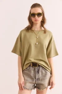 Olalook Women's Khaki Crew Neck Oversize Soft Textured T-Shirt - Image 3