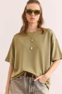 Olalook Women's Khaki Crew Neck Oversize Soft Textured T-Shirt - Image 4