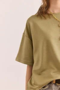 Olalook Women's Khaki Crew Neck Oversize Soft Textured T-Shirt - Image 5