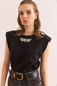 Olalook Women's Black Wadding Detailed Stoned Cotton T-Shirt - Image 3