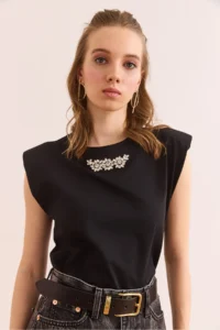 Olalook Women's Black Wadding Detailed Stoned Cotton T-Shirt - Image 4