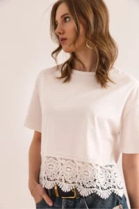 Olalook Women Ecru Skirt with Guipure Detail T-Shirt