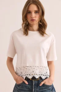 Olalook Women Ecru Skirt with Guipure Detail T-Shirt - Image 2