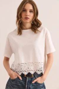 Olalook Women Ecru Skirt with Guipure Detail T-Shirt - Image 3