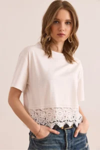 Olalook Women Ecru Skirt with Guipure Detail T-Shirt - Image 4