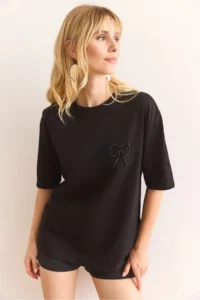 Olalook Women's Black Pearl Ribbon Detailed Regular Fit Cotton T-Shirt