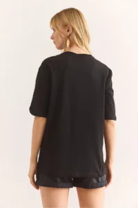 Olalook Women's Black Pearl Ribbon Detailed Regular Fit Cotton T-Shirt - Image 2