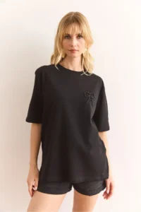 Olalook Women's Black Pearl Ribbon Detailed Regular Fit Cotton T-Shirt - Image 7