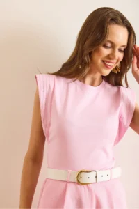 Olalook Women's Pink Stone Detailed Single Jersey Cotton T-Shirt - Image 6