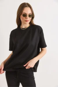 Olalook Women's Black Soft Textured Soild Loose Fit T-Shirt - Image 2