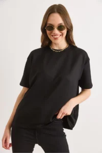 Olalook Women's Black Soft Textured Soild Loose Fit T-Shirt - Image 3