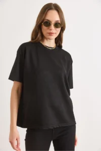 Olalook Women's Black Soft Textured Soild Loose Fit T-Shirt - Image 4