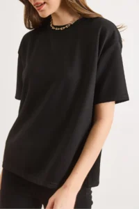 Olalook Women's Black Soft Textured Soild Loose Fit T-Shirt - Image 5