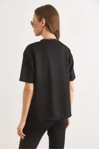 Olalook Women's Black Soft Textured Soild Loose Fit T-Shirt - Image 6