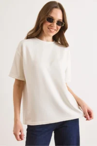 Olalook Women's White Soft Textured Soild Loose Fit T-Shirt