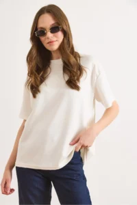 Olalook Women's White Soft Textured Soild Loose Fit T-Shirt - Image 2