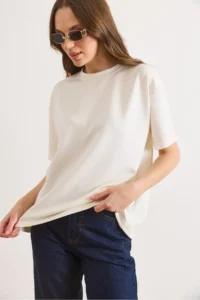 Olalook Women's White Soft Textured Soild Loose Fit T-Shirt - Image 3