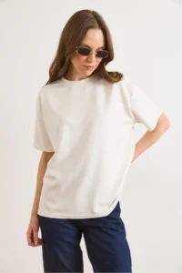 Olalook Women's White Soft Textured Soild Loose Fit T-Shirt - Image 4