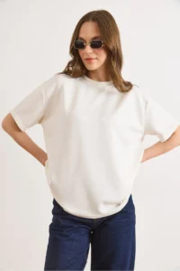 Olalook Women's White Soft Textured Soild Loose Fit T-Shirt - Image 5