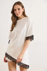 Olalook Women's White Asymmetrical Lace Detailed Cotton Tunic T-Shirt - Image 2