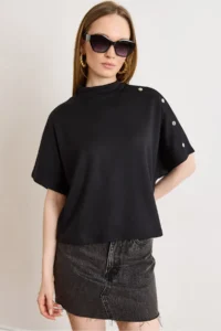 Olalook Women's Black Button Detailed Loose Fit Modal T-Shirt