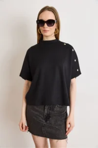 Olalook Women's Black Button Detailed Loose Fit Modal T-Shirt - Image 2