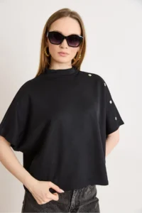 Olalook Women's Black Button Detailed Loose Fit Modal T-Shirt - Image 3