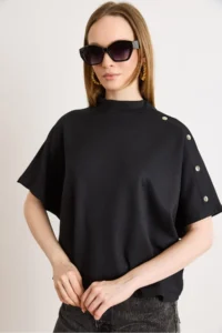 Olalook Women's Black Button Detailed Loose Fit Modal T-Shirt - Image 4