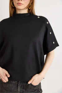 Olalook Women's Black Button Detailed Loose Fit Modal T-Shirt - Image 5