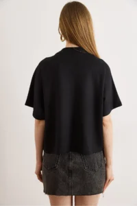 Olalook Women's Black Button Detailed Loose Fit Modal T-Shirt - Image 6