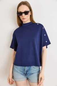 Olalook Women's Navy Blue Button Detailed Loose Fit Modal T-Shirt - Image 2