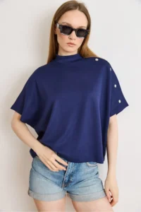 Olalook Women's Navy Blue Button Detailed Loose Fit Modal T-Shirt - Image 3