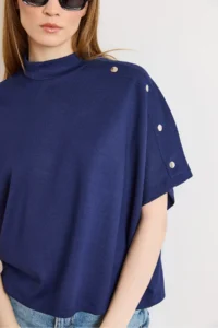 Olalook Women's Navy Blue Button Detailed Loose Fit Modal T-Shirt - Image 4