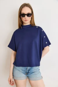 Olalook Women's Navy Blue Button Detailed Loose Fit Modal T-Shirt - Image 5