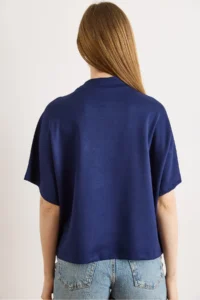 Olalook Women's Navy Blue Button Detailed Loose Fit Modal T-Shirt - Image 6
