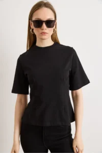 Olalook Women's Black Crew Neck Cotton Peplum T-Shirt - Image 2