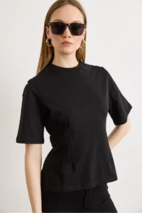 Olalook Women's Black Crew Neck Cotton Peplum T-Shirt - Image 3
