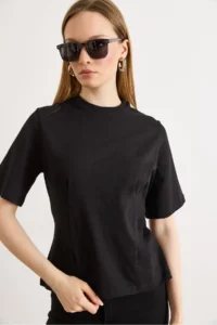 Olalook Women's Black Crew Neck Cotton Peplum T-Shirt - Image 4