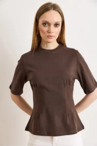 Olalook Women's Brown Crew Neck Cotton Peplum T-Shirt - Image 2
